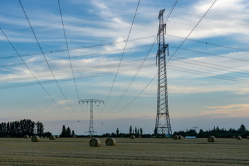 high voltage power line and pole at a field during evening hours