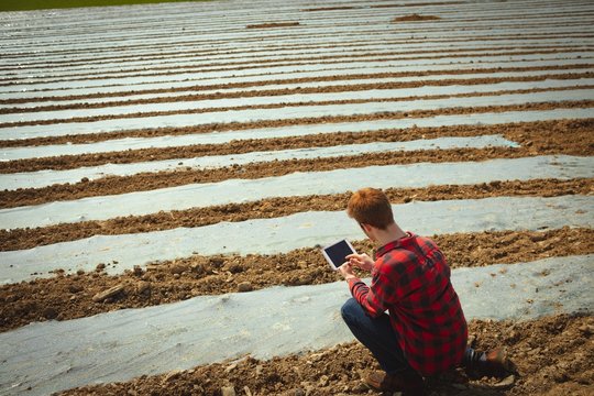 Man using digital tablet in the field 