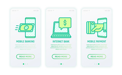 Naklejka na ściany i meble Online banking thin line icons: mobile banking, internet bank, contactless payment. Modern vector illustration for user mobile app.