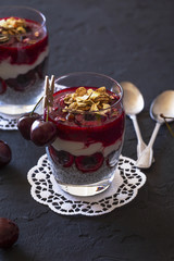 Chia pudding with  fresh cherry and greek yogurt