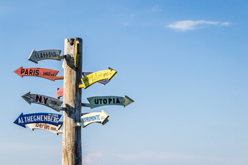 Leptokarya, Greece - June 10, 2018: Wooden signpost in the public space in Leptokarya 