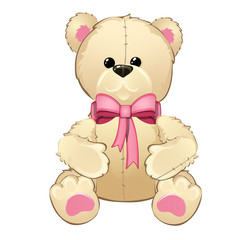 Teddy bear with a pink bow isolated on white background. Vector cartoon close-up illustration.