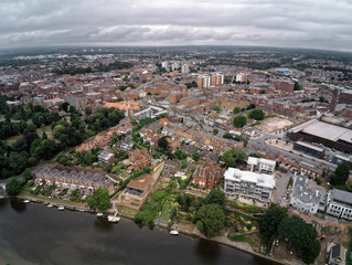 Aerial view on Chester, river, terraced housing and city