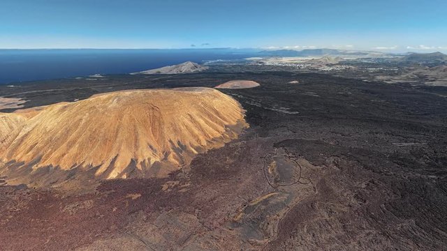 270 degrees aerial panorama of volcanic valley in Timanfaya National Park and Montana Blanca, Lanzarote, Canary islands, Spain