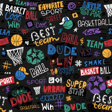 Vector sketch basketball seamless pattern for boys. Hand-drawing lettering, slogan. Print design for T-shirts, banners, flyers, children's party, clothes, social media. Little star, urban, cool dude.