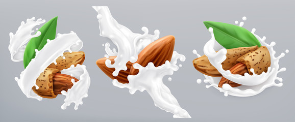 Almond and milk splash. 3d realistic vector icon