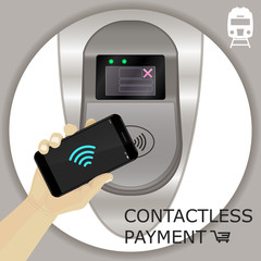 Airport, metro, subway ticket terminal for wireless payments. RFID. Hand holding smartphone for transport payment gate. Contactless.