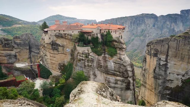 Overcast sky over holy Varlaam monastery on cliff in Meteora, Thessaly Greece. Greek destinations.