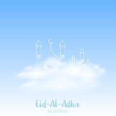 Eid Al Adha Mubarak greeting card with mosque and clouds in sky. Vector