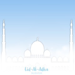 Eid Al Adha Mubarak greeting card with mosque and clouds in sky. Vector