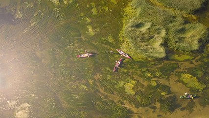AERIAL: Flying over a group of tourists stuck in the swamp with their kayaks.