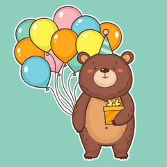 Cute happy birthday card with funny bear holding air balloons and a gift box. Happy birthday colorful greeting card. Vector illustration - 214997356