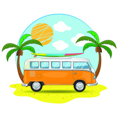 Old retro traveling van around the world finding new adventures on the ocean beach and surfing
