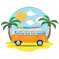 Old retro traveling van around the world finding new adventures on the ocean beach and surfing