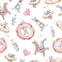 Watercolor seamless pattern. Wallpaper with party air balloons, donuts, cupcakes and fantasy bunneis cartoon animals on white background. Hand drawn vintage texture.