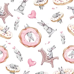 Wallpaper murals Animals with balloon Watercolor seamless pattern. Wallpaper with party air balloons, donuts, cupcakes and fantasy bunneis cartoon animals on white background. Hand drawn vintage texture.