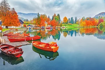 Schilderijen op glas Bled, Slovenia. Great Slovenian nature - lake Bled. Amazing landscape - traditional Pletna boats at autumn background. Lake bled is famous place and popular European travel destination. © Feel good studio