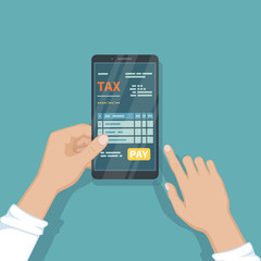 Man pay taxes using smartphone. Online tax Online paying, bookkeeping, accounting via phone. Man holding a mobile phone with tax form on screen. Fast payment of bills, services. Vector illustration