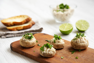Mushroom and chicken puree with lime and toasts, side view. Closeup. Selective focus.