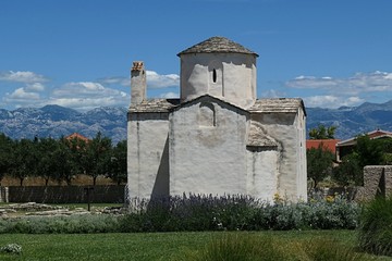 Church of Holy Cross in Nin town, Croatia, Adriatic, smaller romanic cathedral. view from southern...