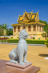 Khemarin Palace and a lion statue at the Royal Palace in Phnom Penh in Cambodia