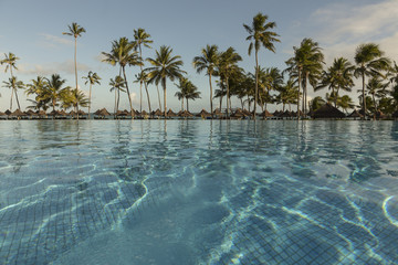 Fototapeta na wymiar Pool with palm trees near the ocean during a beautiful sunset.