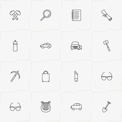 Archeology line icon set with spectacles, water flask and cutter