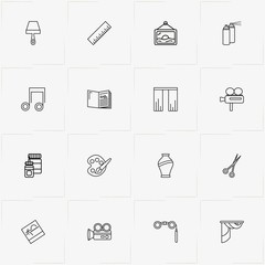 Art line icon set with curtains, palette and spray