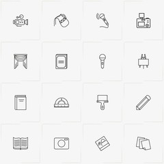 Art line icon set with papers, drawing board and photo camera