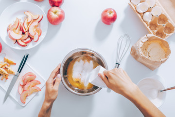 Process of making apple pie, top view