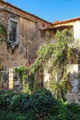 Fototapeta na wymiar Vines running up an the side of an old two story building in a small Peloponnese village by the sea