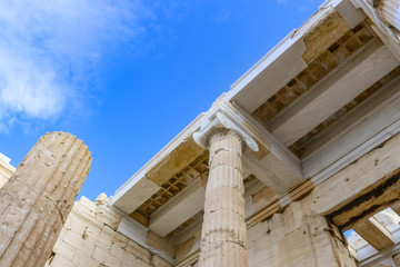 Closeup detail of part of the Athens Parthenon being reconstructed showing rebuilt pillars and new fabricated pieces being fit together with ancient artifacts