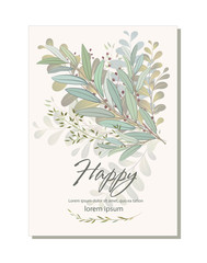 Card with beautiful twigs with leaves. Wedding ornament concept.
