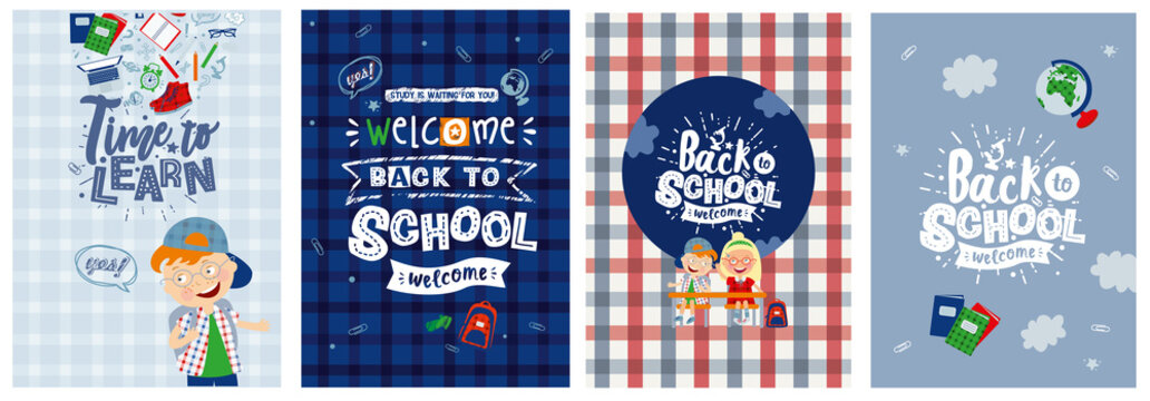 vector posters "back to school" and "time to learn," postcards and backgrounds on the school theme