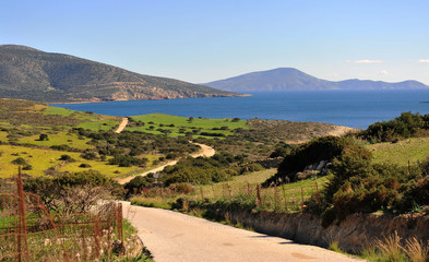 Beautiful natural landscape with green valley and blue aegean sea