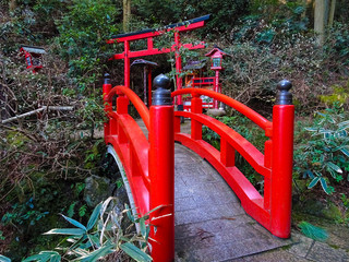 Fototapeta na wymiar A Small Red Arch Bridge and A Small Waterfall 