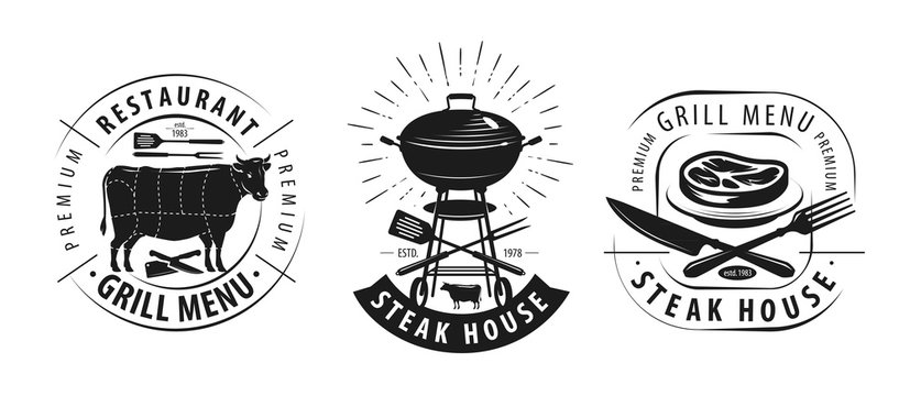 Steak House, Barbecue Logo Or Label. Emblems For Restaurant Menu Design. Vector Illustration