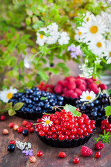 Fresh ripe summer berries - red currant in the foreground and black currant, blueberry, raspberry on background