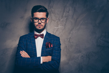 Stylish barber shop barbershop tailor metrosexual gentleman lover person concept. Close up studio photo portrait of handsome virile masculine groomed neat offended bride isolated on grey background