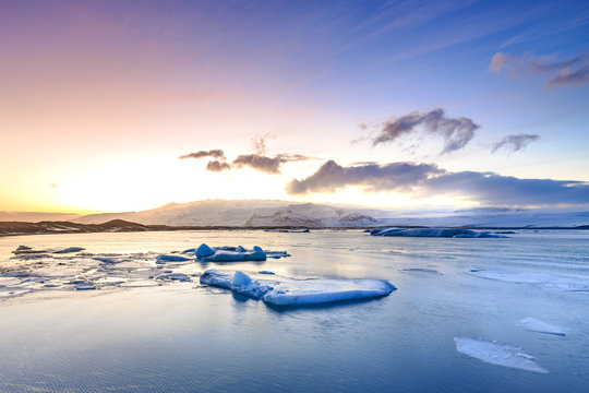 Global warming affects Jokulsarlon glacier lake in Iceland. Sunset during Winter season