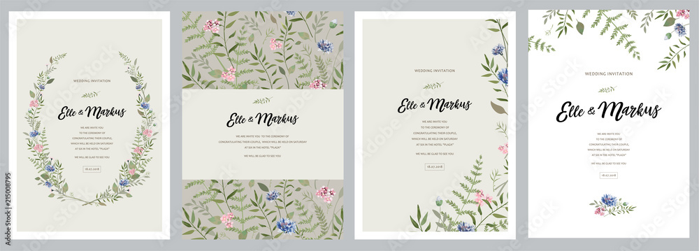 Wall mural Design greeting card \ wedding invitations, floral frames for your vintage posters and backgrounds with elements of meadow flowers, leaves 