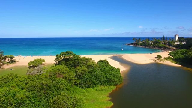 Forward motion fly over Waimea Bay Oahu Hawaii aerial