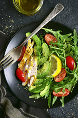 Vegetable salad with roasted chicken breast.Top view with copy space.