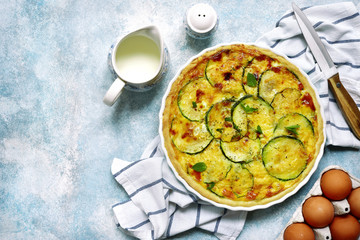 Delicious summer quiche with zucchini.Top view.