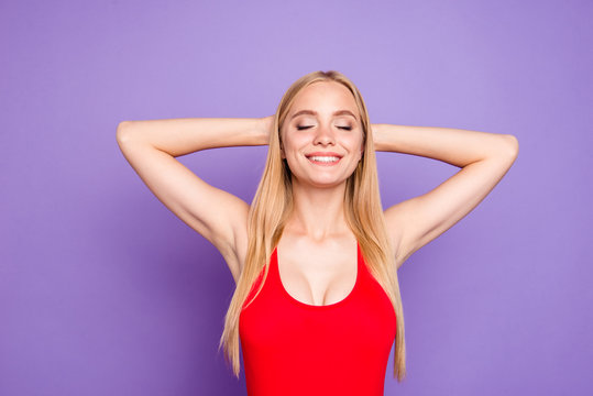 Tourist trip holidays weekend people person concept. Close up photo portrait of beautiful glad carefree pretty with long hairstyle lady holding hands behind head closed eyes isolated bright background