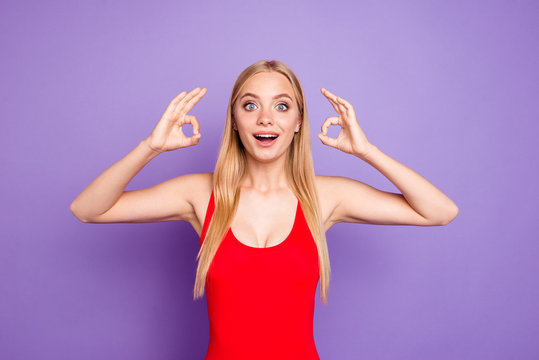 Rear relax hipster long blond hairdo big eyes wondering happiness people person concept. Photo portrait of pretty fancy cute lady making ok symbol isolated vivid background
