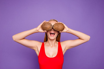 Leisure lifestyle people person concept. Close up photo portrait of lovely cute beautiful lady having party covering eyes with nuts isolated on bright background