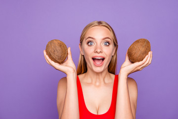 Close up studio photo portrait of beautiful cute nice pretty charming astonished delightful glad...
