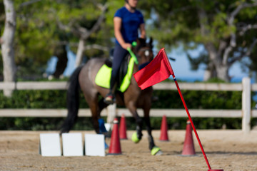 Close Up of the Red Flag of Start on Blur Man Riding a Horse in a Riding School during a Competition on Blur Background