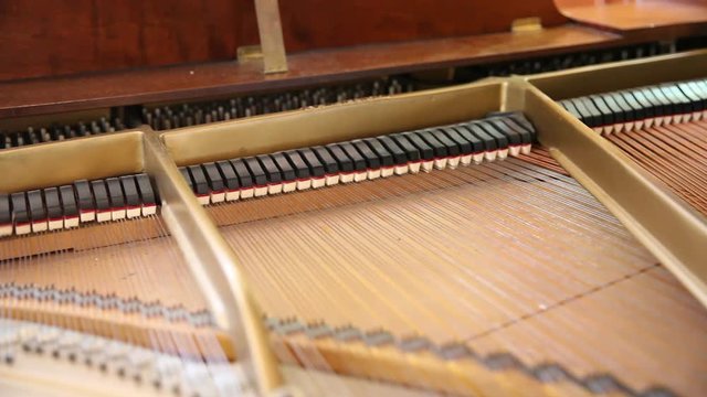 Piano keys hitting the strings of a grand piano.